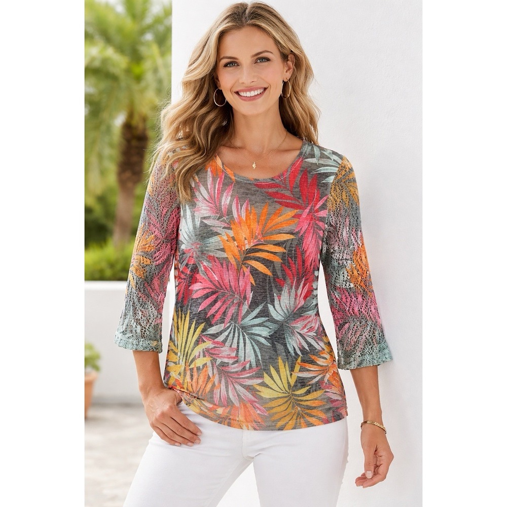 Milano Women's Size Large Tropical Leaf Print Top Lace 3/4 Sleeve Colorful Boho